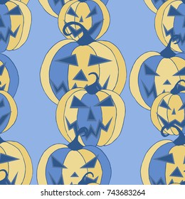 Halloween Background. Seamless Pattern with Carved Pumpkins. Jack o Lantern Seamless Texture. Scaring Faces on Pumpkins.