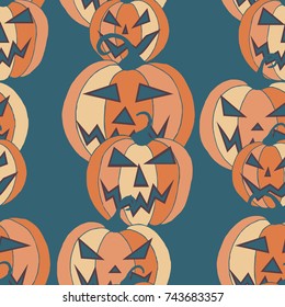 Halloween Background. Seamless Pattern with Carved Pumpkins. Jack o Lantern Seamless Texture. Scaring Faces on Pumpkins.