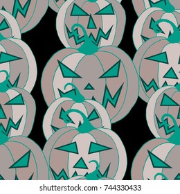 Halloween Background. Seamless Pattern with Carved Pumpkins. Jack o Lantern Seamless Texture. Scaring Faces on Pumpkins.