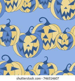 Halloween Background. Seamless Pattern with Carved Pumpkins. Jack o Lantern Seamless Texture. Scaring Faces on Pumpkins.