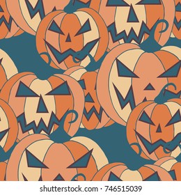 Halloween Background. Seamless Pattern with Carved Pumpkins. Jack o Lantern Seamless Texture. Scaring Faces on Pumpkins.