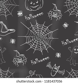 Halloween background. Seamless pattern. Chalk drawings on the blackboard background. Vector illustration