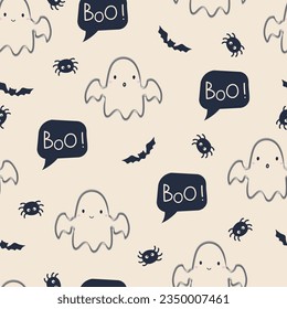 Halloween Background. Halloween seamless pattern. Cute ghosts with bat silhouettes and text " Boo!". Vector illustration. Design for print, fabric, textile, wallpaper, wrapping