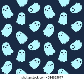 Halloween background. Seamless pattern of cute cartoon ghosts with different faces.