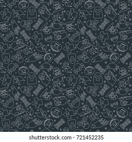 Halloween background. Seamless pattern design. Black and white color theme. Vector illustration