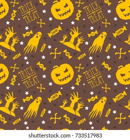 Halloween background. Seamless pattern design. Yellow and brown color theme. Vector illustration