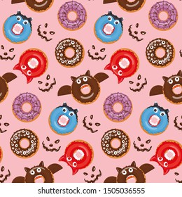 Halloween background, seamless pattern with donuts decorated like vampire, devil, bat, spiderweb. Vector illustration, cartoon, wallpaper, texture for fabric, textile, paper, packaging