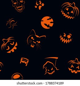 Halloween background, seamless pattern with  ghost, pumpkin, skull, death, black cat. Vector illustration, cartoon traditional holiday simbols, wallpaper, texture for fabric, textile, wrapping paper, 