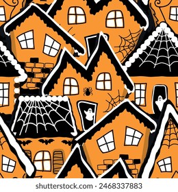 Fondo de Halloween. Patrón sin costuras. Aldea de jengibre. Casas de jengibre con murciélagos, fantasmas, Web de araña. Casas de Halloween dibujadas a mano. Ilustración vectorial en naranja, negro, blanco