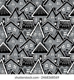 Halloween Background. Seamless Pattern. Gingerbread Village. Gingerbread Houses with bats, ghosts, spider web. Hand Drawn Halloween Houses. Vector illustration in gray, black, white