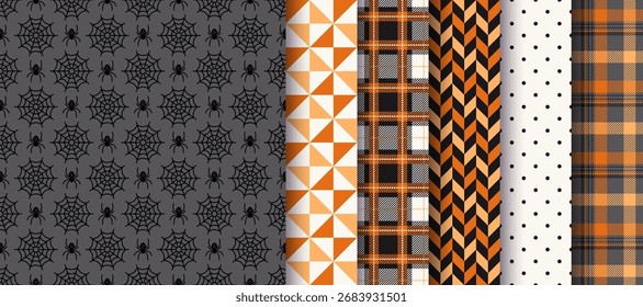 Plano de fundo de Halloween. Padrão contínuo. Impressões de halo com aranha e teia, triângulo, pontos polka, espinha de arenque, xadrez. Texturas têxteis em preto-laranja. Definir papéis de embalagem geométricos. Ilustração de vetor