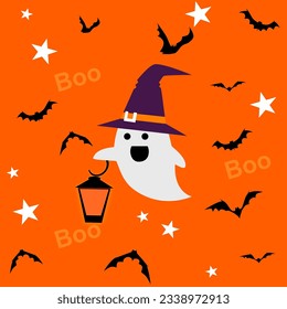 Halloween background seamless pattern. Isolate on orange background. Vector icon Halloween elements. Ghost star bat and lantern.