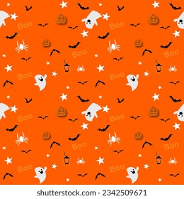 Halloween background seamless pattern. Isolate on orange background. Vector icon Halloween elements. Ghost star bat and lantern.