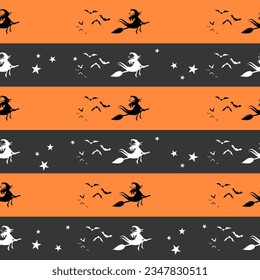 Halloween background seamless pattern. orange and Gray color line with the witch or witches,  broom, bat, and star. For art print.