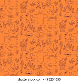 Halloween background seamless pattern with party scary symbols vampire grave candle ghost bat pumpkin