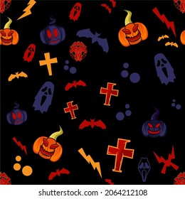 Halloween Background Seamless Pattern with Pumpkin, Ghost, Bat, Sign of The Cross and Lightning Sign. Isolated Vector Black Color.