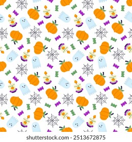 Halloween background. Seamless pattern with pumpkin, candle, candies, spider web and cute ghost. Children's background In hand-drawn style. Stock isolated image on white  