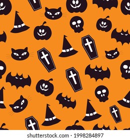 Halloween background. Seamless halloween pattern with pumpkins, bats, hats, cats and skulls. Vector illustartion.