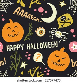 Halloween background. Seamless pattern with pumpkins, cobwebs, spiders, skulls.