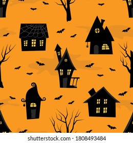 Halloween background. Seamless pattern. Spooky village. Black silhouettes of houses, trees and bats on orange background. Vector illustration