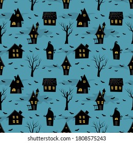 Halloween background. Seamless pattern. Spooky village. Black silhouettes of houses, trees and bats on a blue background. Vector illustration