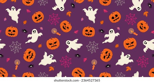 Halloween background. Seamless pattern with Halloween symbols. Vector design