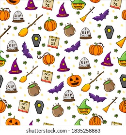 halloween background seamless pattern with thin outline on yellow background. hand drawn vector. doodle halloween party for kids, wallpaper, cover, backdrop, banner, wrapping paper and gift. 
