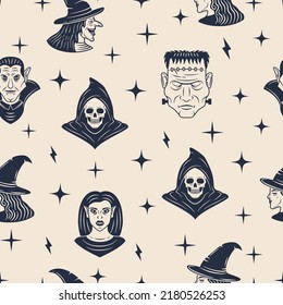 Halloween Background. Halloween seamless pattern. Vintage monsters heads isolated on white background. Vector illustration