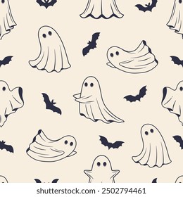 Halloween Background. Halloween seamless pattern. Vintage ghosts with bats silhouettes isolated on white background. Vector illustration