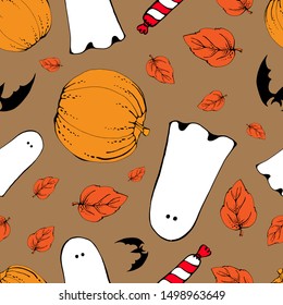 Halloween Background Seamless Repeat Pattern Vector Ghost Pumpkin Festival. Bat, ghost, candy