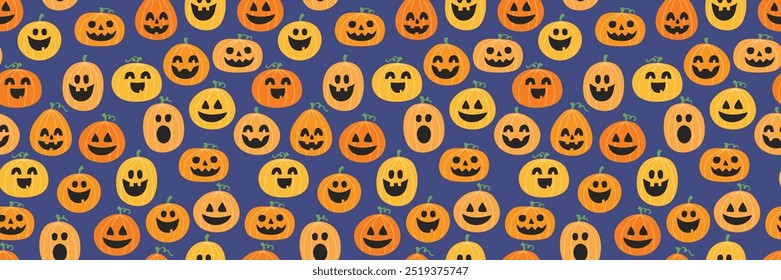 Halloween-Hintergrund. Nahtlose Textur mit süßen Kürbissen. Banner. Vektorgrafik