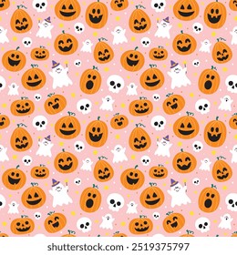 Halloween background. Seamless texture with cute pumpkins, ghosts and skulls. Vector illustration