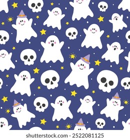 Halloween background. Seamless texture with cute ghosts and skulls. Vector illustration