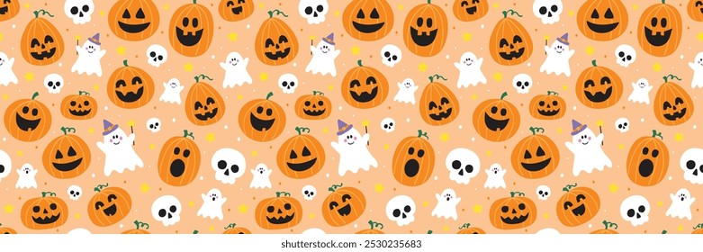 Halloween background. Seamless texture with cute pumpkins, ghosts and skulls. Banner. Vector illustration