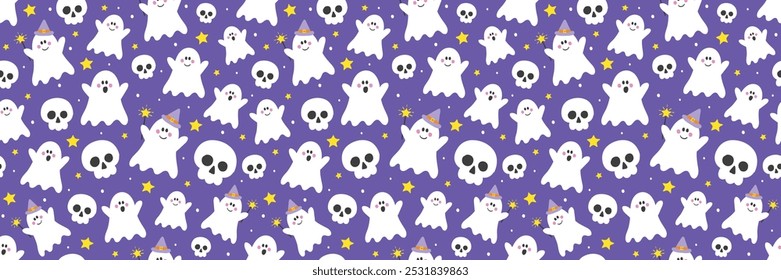 Halloween background. Seamless texture with cute ghosts and skulls. Banner. Vector illustration