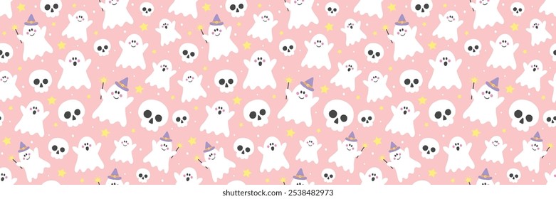 Halloween background. Seamless texture with cute ghosts and skulls. Banner. Vector illustration