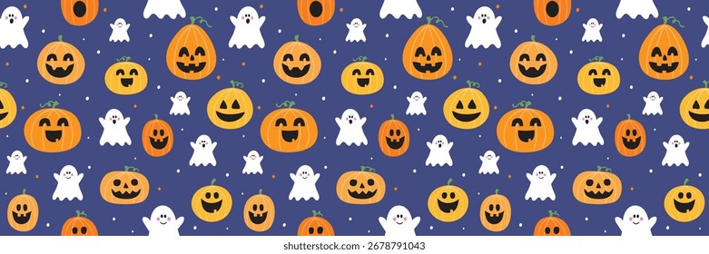 Plano de fundo de Halloween. Textura perfeita com abóboras bonitas e fantasmas. Faixa. Ilustração vetorial