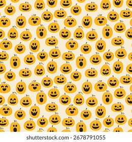 Fondo de Halloween. Textura sin costuras con calabazas lindas. Ilustración vectorial