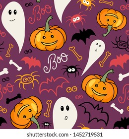 Halloween background. Seamless vector pattern with Jack-o'-lantern, ghost, bats and spiders.
