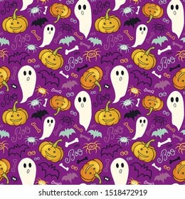 Halloween background. Seamless vector pattern with ghosts, cute Jack o'Lantern, bats, spider and bones.