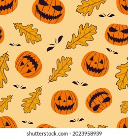 Halloween background. Seamless vector pattern design with pumpkins and oak leaves.