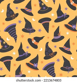 Halloween background seamless vector pattern of witches hats, stars, moons. 