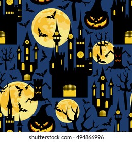 Halloween background. Seamless vector pattern with moons,castles and pumpkins. Holiday print 