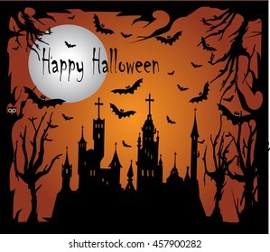 Halloween background with sentence Happy, bats and moon 
