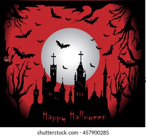 Halloween background with sentence Happy, bats and moon 