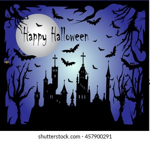 Halloween background with sentence Happy, bats and moon 