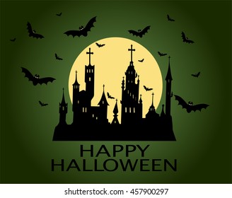 Halloween background with sentence Happy, bats and moon 
