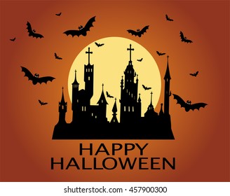 Halloween background with sentence Happy, bats and moon 