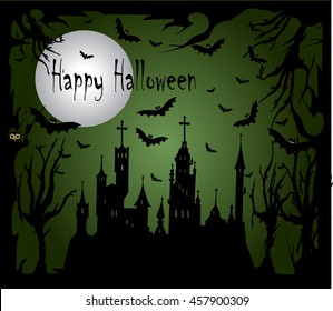 Halloween background with sentence Happy, bats and moon 