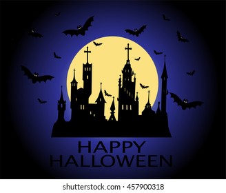 Halloween background with sentence Happy, bats and moon 